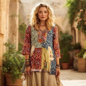 Sacred Threads Patchwork Boho Top Tunic Lagenlook Festival